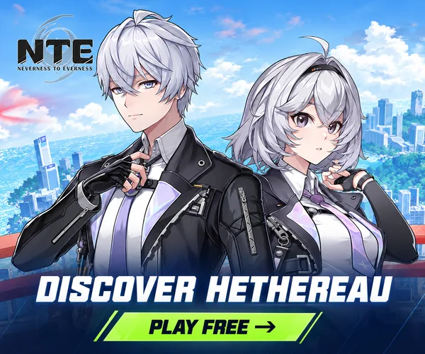 NTE characters overlooking Hethereau with a Discover Hethereau and Play Free call to action