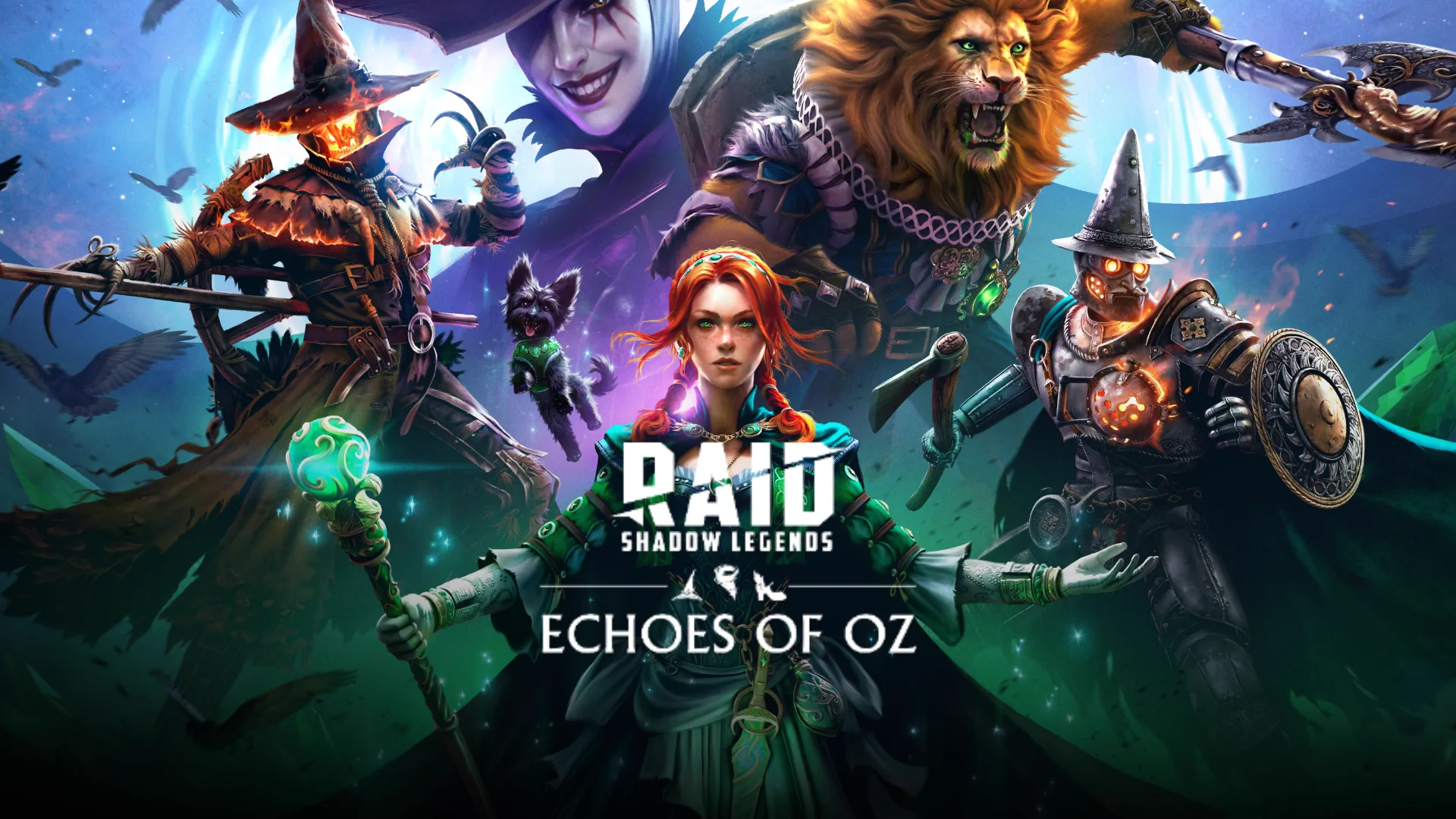 RAID: Shadow Legends Echoes of Oz key art with Dorothy Gale and the five event Champions