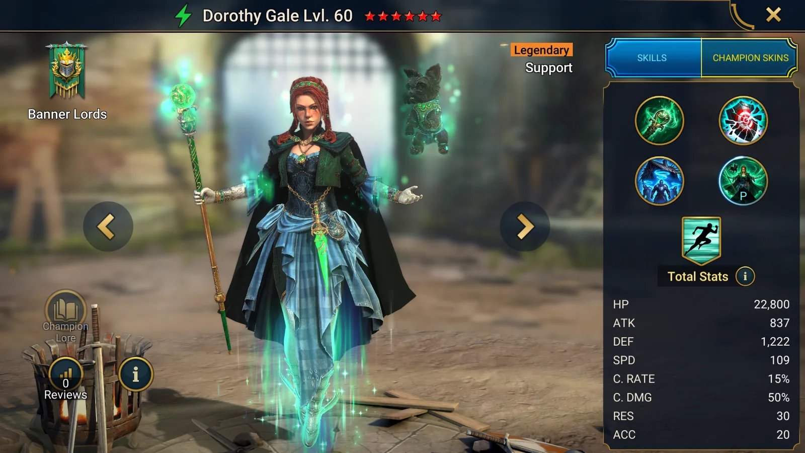 Dorothy Gale from RAID: Shadow Legends Echoes of Oz, holding her staff with emerald magic