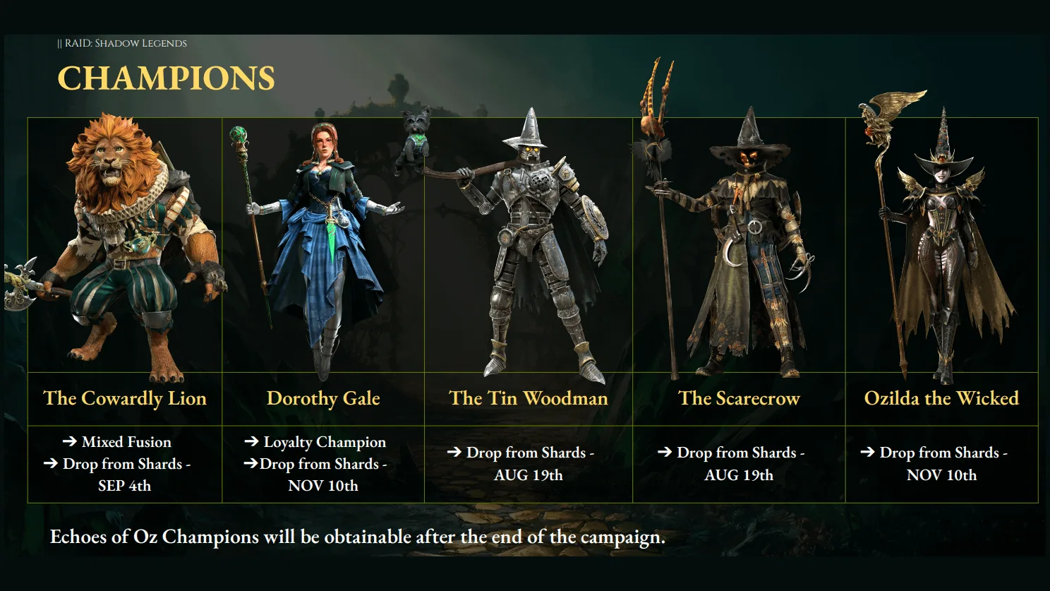 Echoes of Oz Champions in RAID: Shadow Legends, including Dorothy Gale, the Cowardly Lion, Tin Woodman, Scarecrow, and Ozilda the Wicked