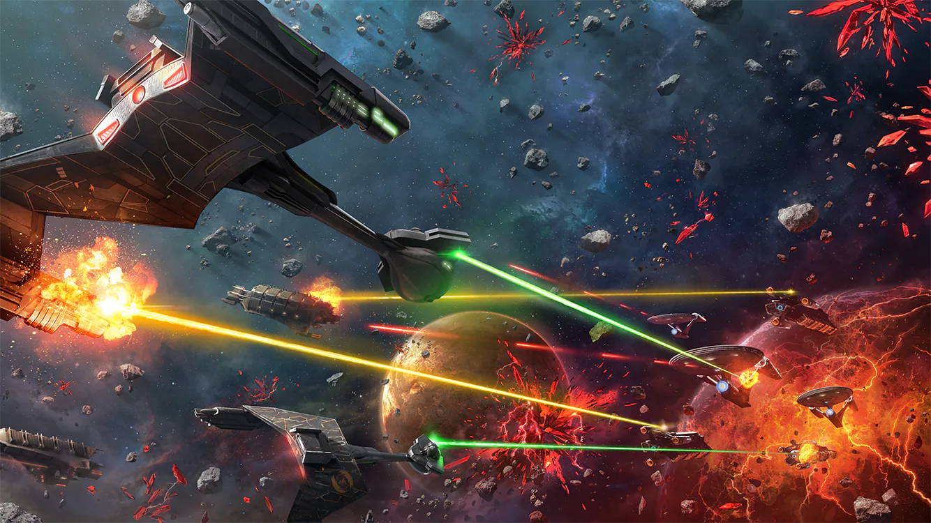 Star Trek Fleet Command space battle with starships and laser fire