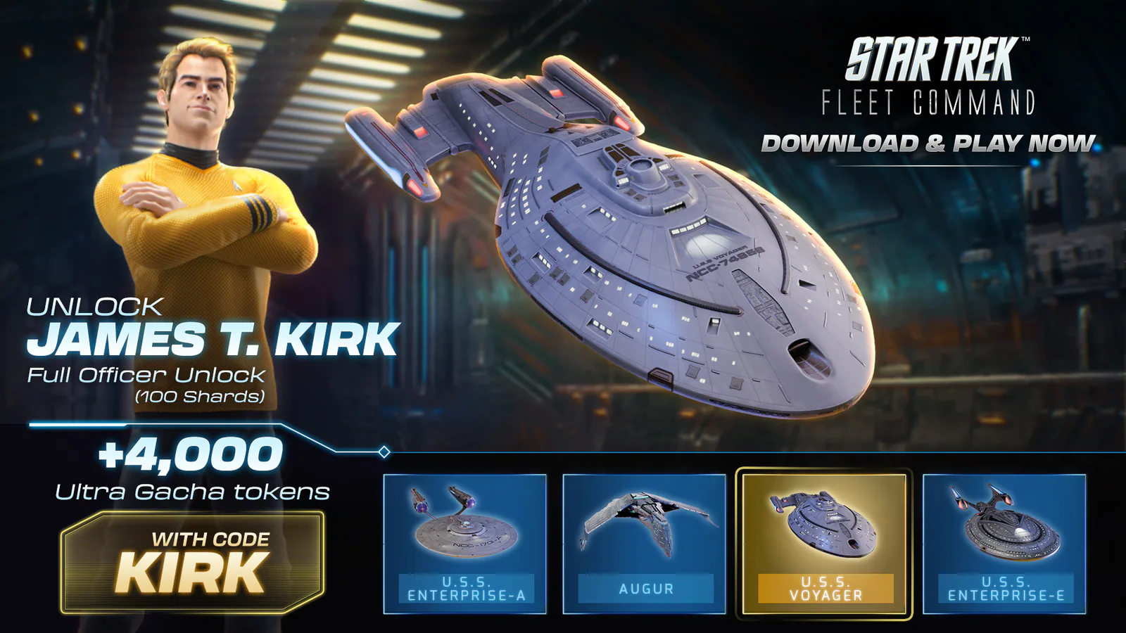 Star Trek Fleet Command artwork promoting James T. Kirk officer rewards and the USS Voyager