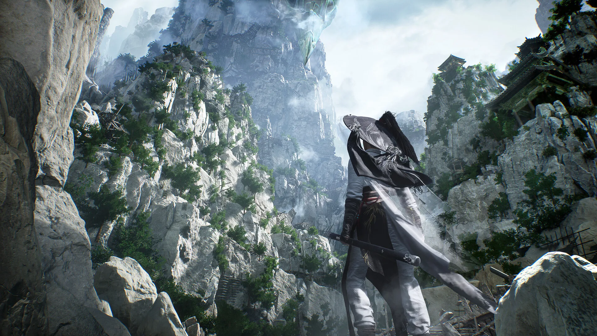 A lone wanderer exploring a misty mountain pass in Where Winds Meet