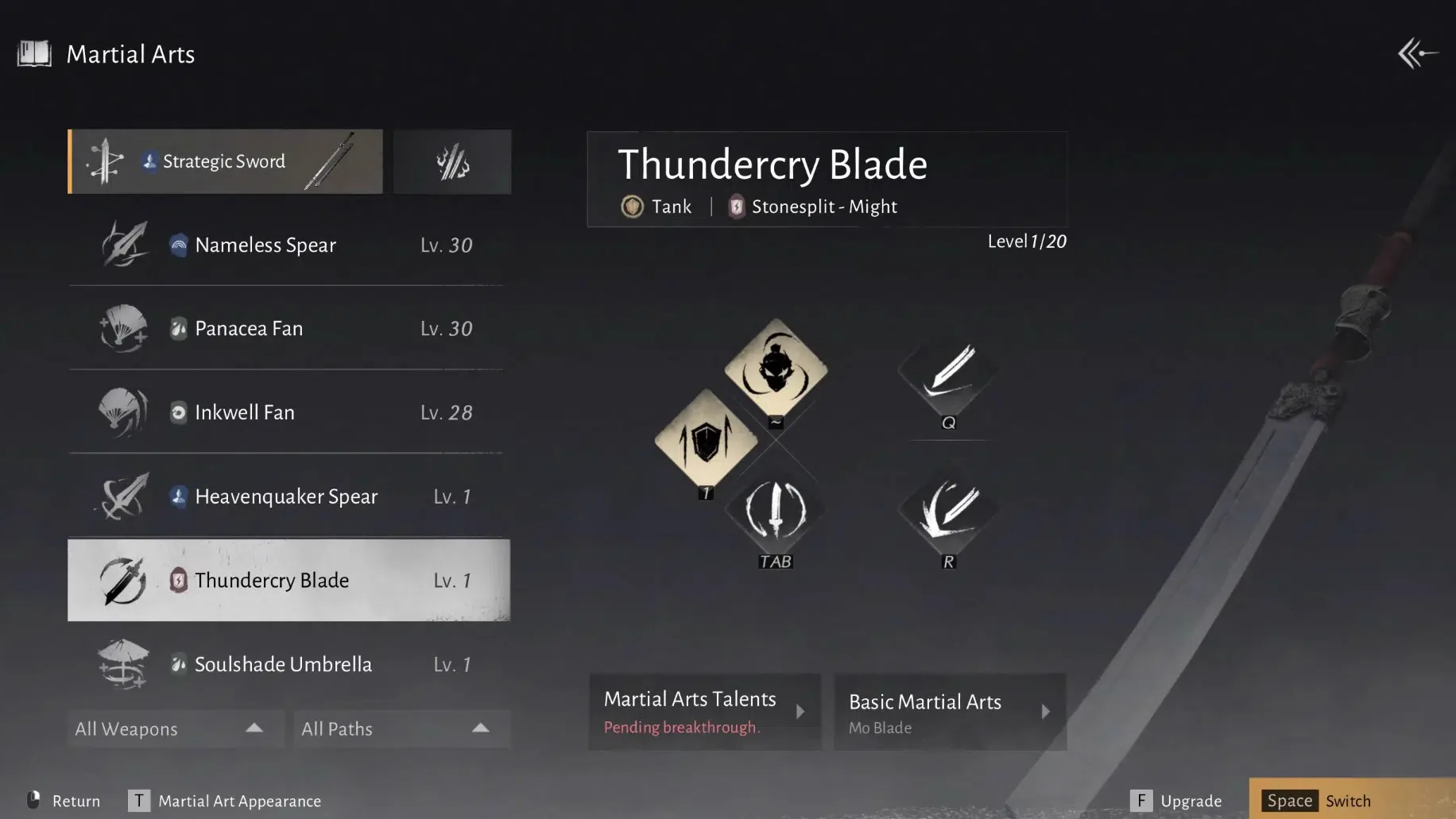 Where Winds Meet Martial Arts menu showing the Thundercry Blade Weapon Path